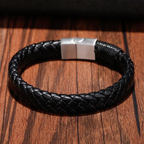 

punk men jewelry black braided leather bracelet stainless steel magnetic clasp fashion bangles gift 21cm charm bracelets, Golden;silver