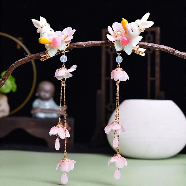 Haarspangen Haarspangen 2 Stück rosa blau geschnittene Kaninchen Haarklammern für Baby Mädchen Frauen mit Quaste Pfirsich Perlen schöne Modeaccessoires