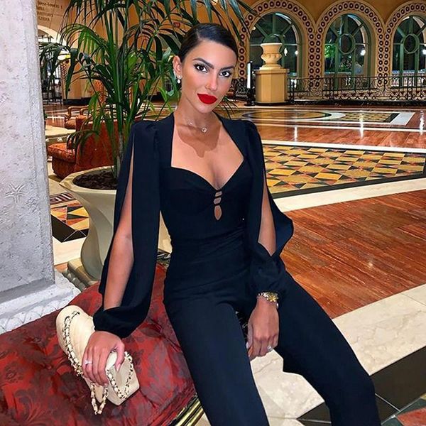 

women's jumpsuits & rompers women slit long sleeve square neck low cut out bodycon jumpsuit fall wide leg solid elegant chic hollow ove, Black;white