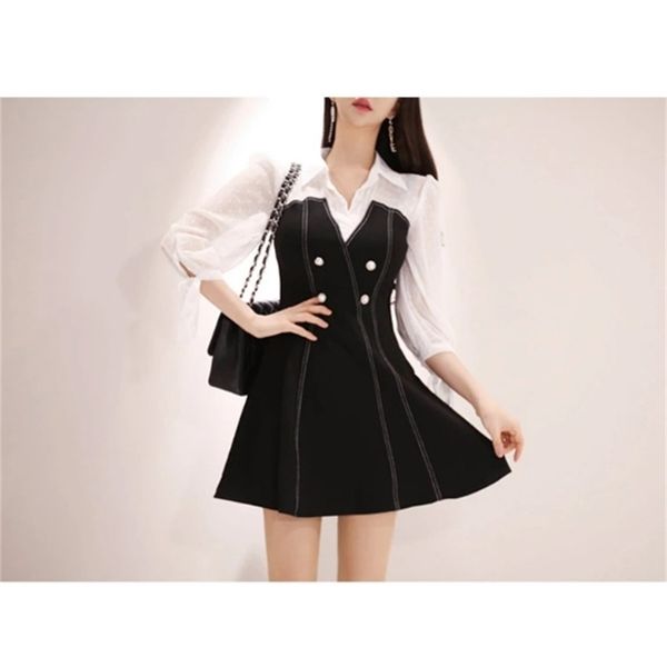 

work dresses korean version of office lady shirt style waist double-breasted fake two a-line dress xmlu, White;black