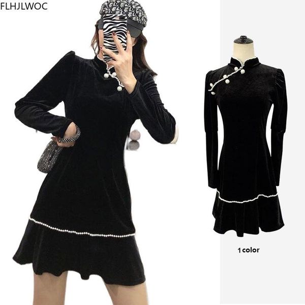 

casual dresses s women fashion french autumn winter retro vintage velvet button stand collar mini little black dress o2655, Black;gray