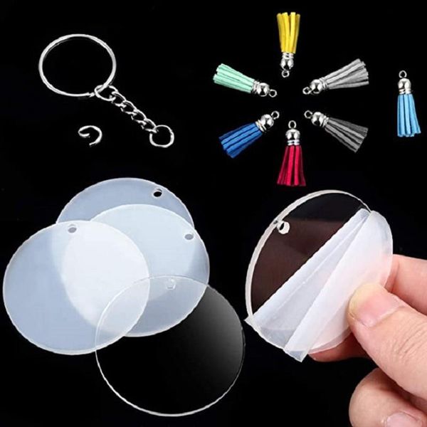 

keychains 48 pcs acrylic keychain blanks with key rings round clear discs circles colorful tassel pendant jump for diy craft, Silver
