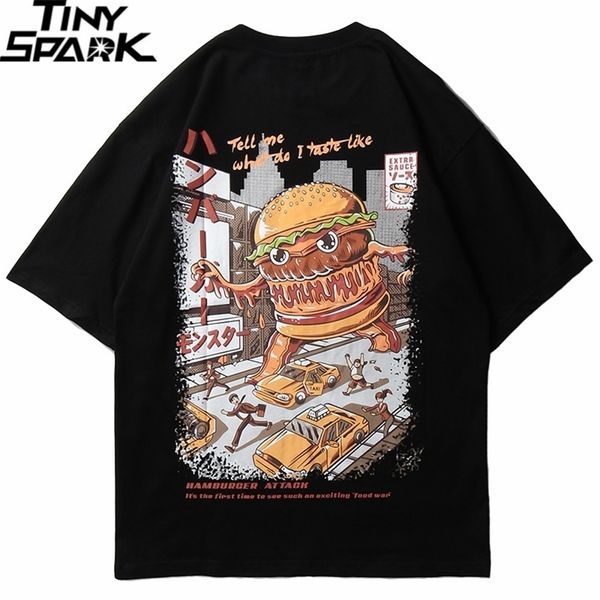 Homens hip hop t shirt hamburger monstro ataque japonês harajuku engraçado t-shirt rua streetwear tshirt tops de algodão tees novo 210324