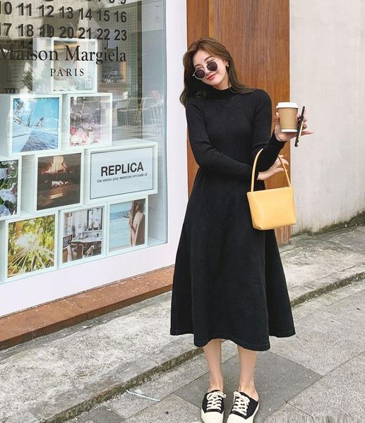 

casual dresses coigarsam autumn women's dress 2021 spring office lady french style long sleeve solid o-neck high waist black traf robe, Black;gray
