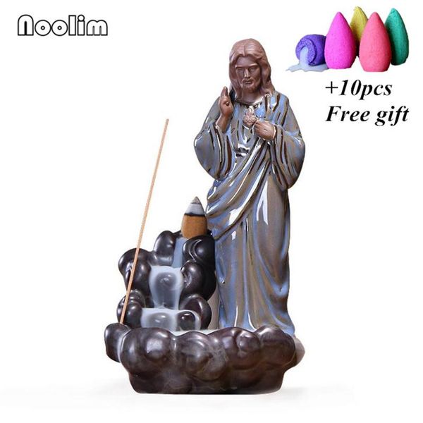 

fragrance lamps ceramic jesus christ virgin mary statue figurine backflow incense burner handicraft stick holder censer+10pcs cones