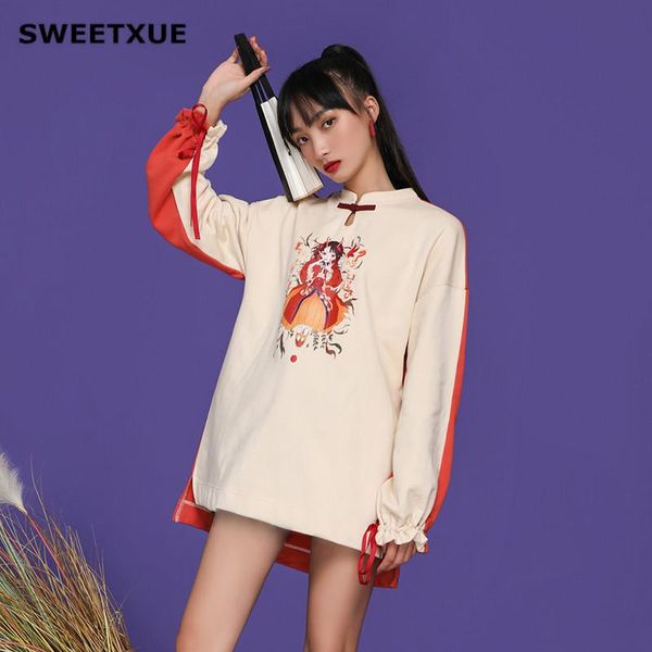 

women's hoodies & sweatshirts sweetxue women chinese style girl plus size loose hit color short fashion printed pullover chic black fem