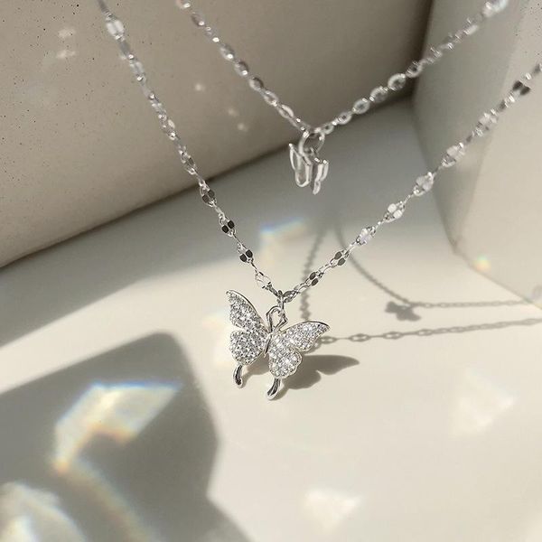 

chains shiny butterfly necklace ladies exquisite double layer clavicle chain jewelry for gift, Silver