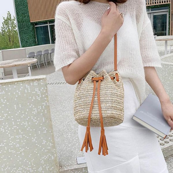 

waist bags ladies backpack women's shoulder bag woven rattan fashion lady literary straw tassel bucket wild messenger