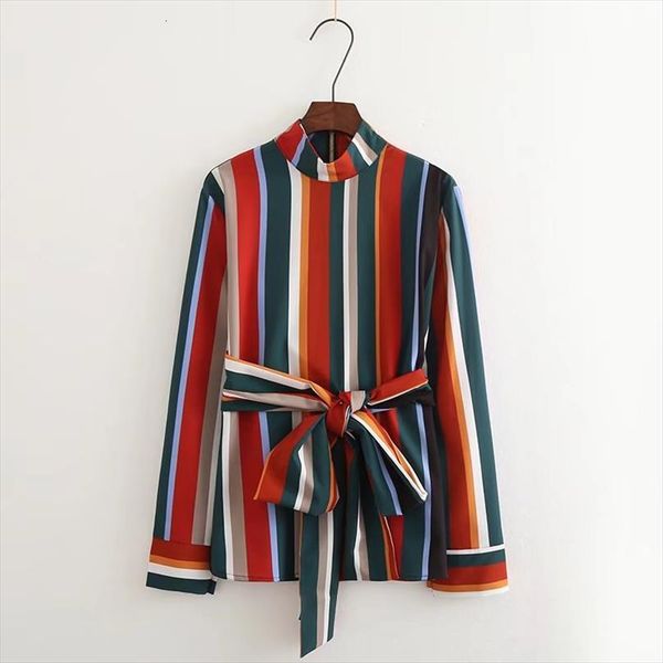

fashion color stripes womens shirts long sleeve stand collar loose casual chemise femme blusas s2812, White