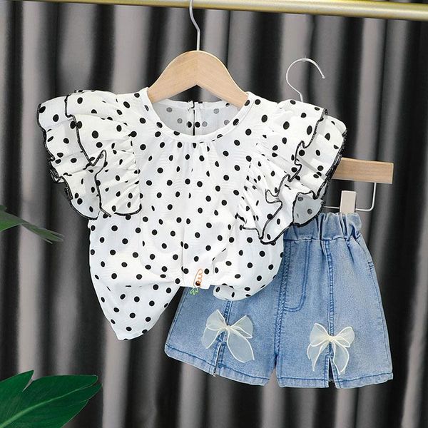 

clothing sets melario polka dot baby girls set ruffles cute outfits blouses denim bow shorts 2pcs costumes kids casual clothes 0-4y, White