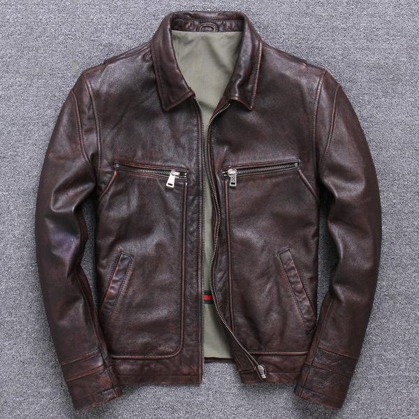 

men's leather & faux retro cowhide jacket mens genuine short motorcycle lapel casual coat fashion slim outerwear, Black
