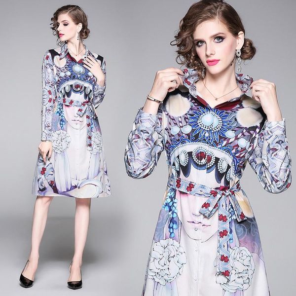 

casual dresses spring summer fall runway vintage print collar long sleeve belt women ladies party a-line midi beach shirt dress, Black;gray