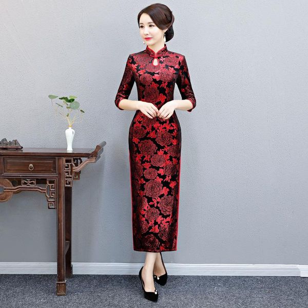 

ethnic clothing oriental women long slim cheongsam red qipao floral elegant velvet chinese dress vintage autumn vestidos large size 4xl