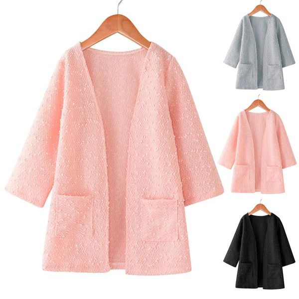 

jackets 3-12years kids girls cardigan open front long sleeve knit sweater children spring autumn outwears with pockets teen coats, Blue;gray