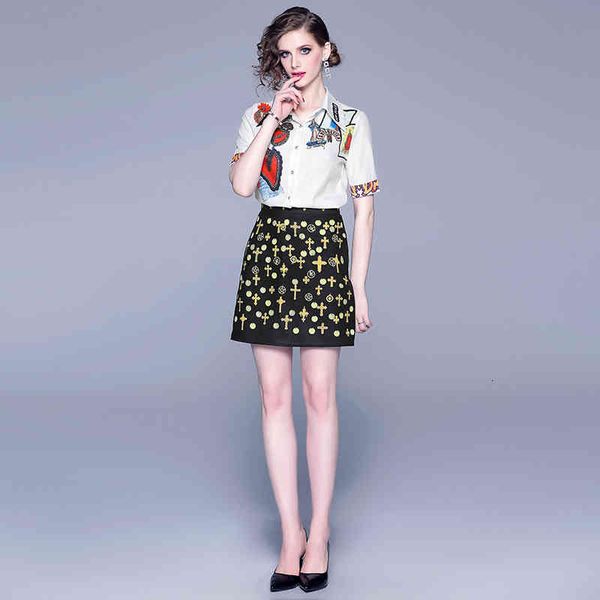 

skirt suit designer track outcome summer set two of women mode print short shirt casual mini exit 2 parts bobb, Black