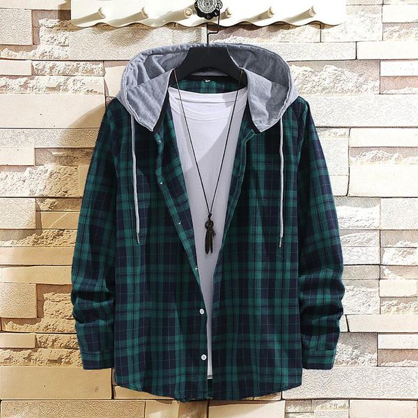 

men's casual shirts plaid hooded long sleeve shirt autumn korean loose cotton hip hop coat streetwear printed hoodies, White;black