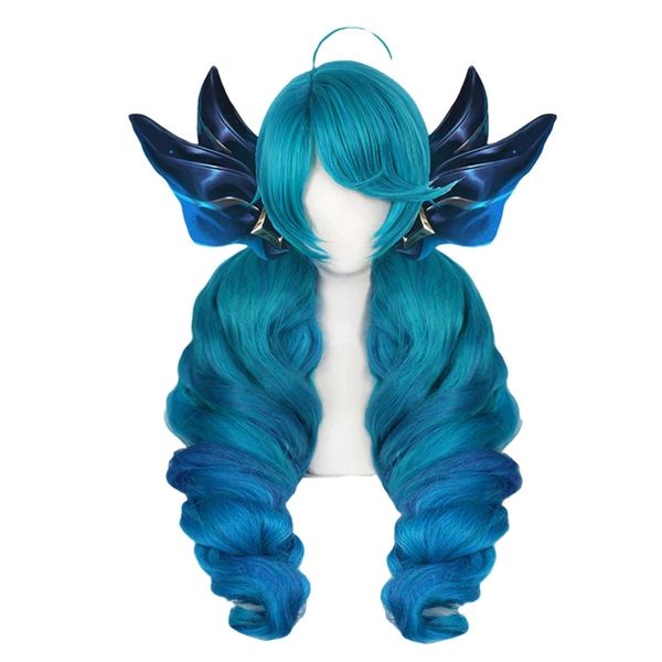 

game lol gwen cosplay wig gradient blue wavy side part gwen wig with bangs ponytails synthetic hair for halloween party, Black