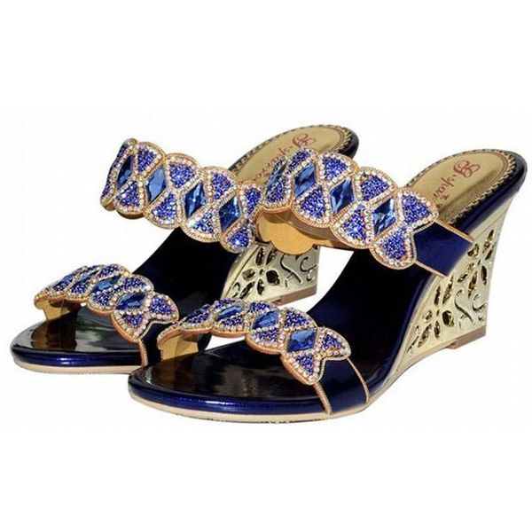 

big size 34-44 women crystal rhinestone wedges high heels sandals rome slippers ladies bow sandalias thick heeled elegant shoes, Black
