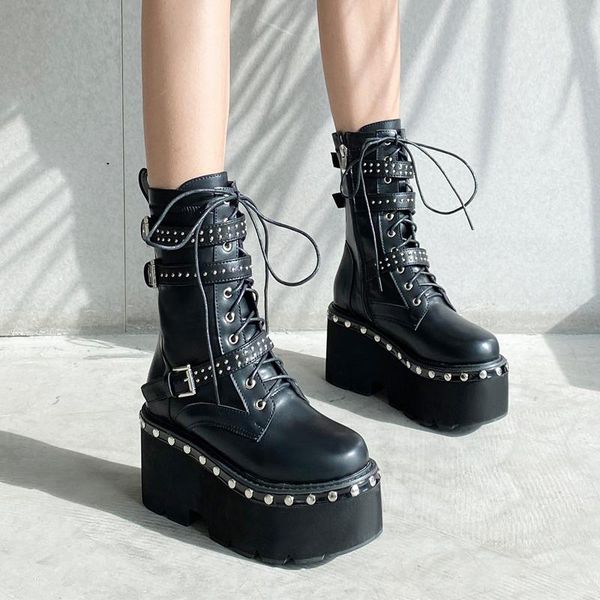 

boots buckle rivet platform punk gothic women chunky block high heels combat military motorcycle cosplay creepers ymb354, Black
