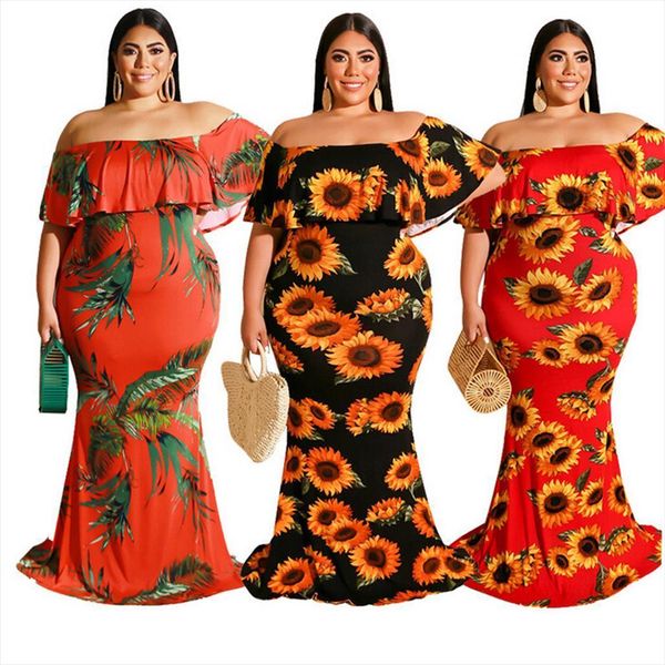 

summer sunflower print women dresses short sleeve fashion off shoulder floor length dress vestidos de verano free, Black;gray