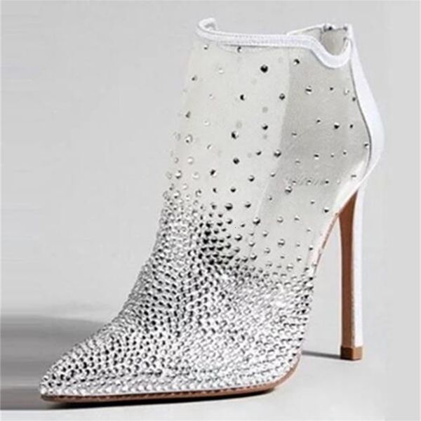 

boots white fashion woman knitted bling sequins pointed toe ankle stiletto boots high wedding bombs ladies'shoes 4iv1, Black