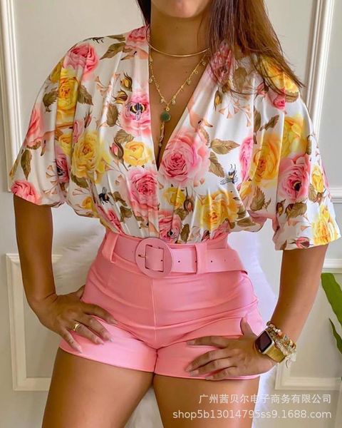 

women's tracksuits 2021 summer fashion pink floral print suit, Gray