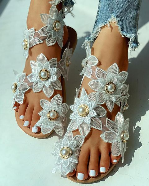 

sandals 2021summerwomen's retro ethical white flower pearl flat heel open toe fashion casual beach women's shoeszapatos de mujer, Black