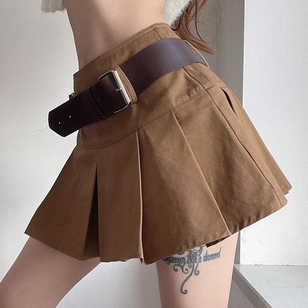

skirts women korean preppy y2k short skirt sashes retro pleated khaki with underneath 90s hippie, Black