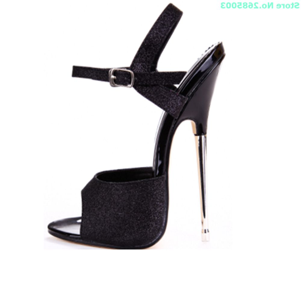 

sandals peep toe ankle buckle metal heel and large size super high women summer party dress shoes, Black