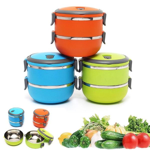 

2-layer stainless steel insulated lunch box picnic container storage containers round big capacity dinnerware sets