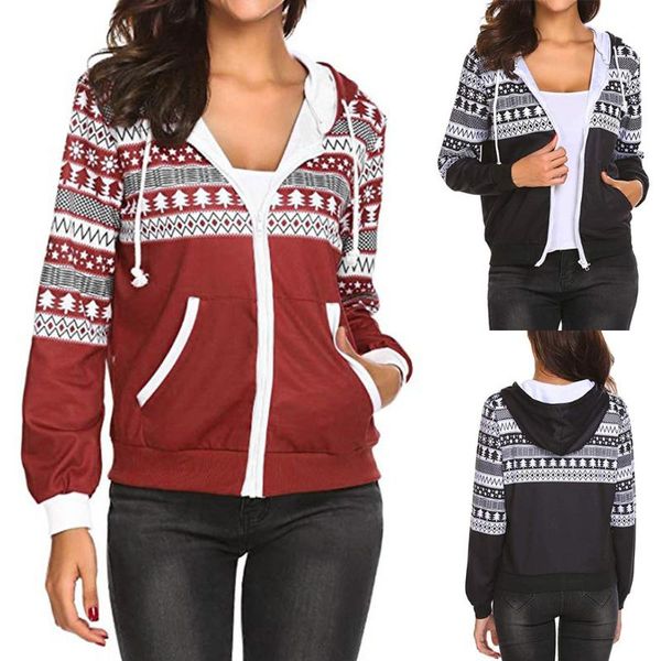 

women's jackets womail jacket and coats pockets christmas hooded zipper coat elegant snowflake pattern women long sleeve outwear, Black;brown