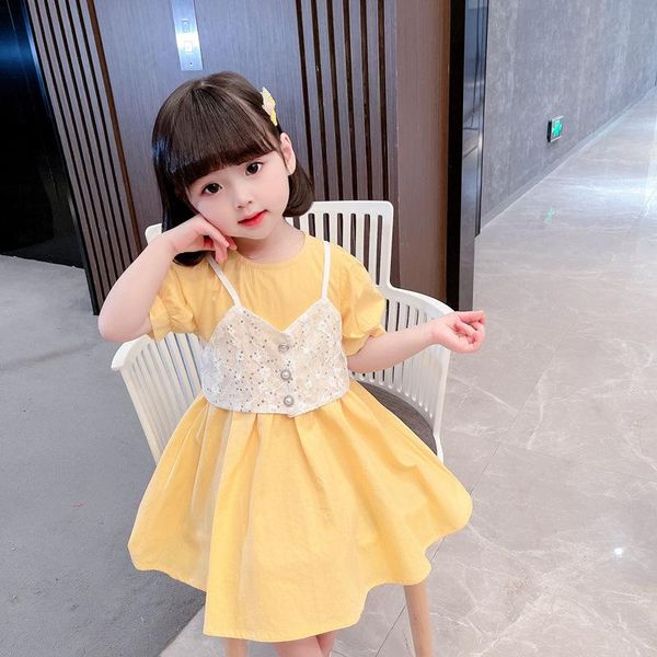 

girl's dresses girls lace sling waistcoat cotton suit 2021 summer children's korean version of the yellow princess dress two-piece, Red;yellow