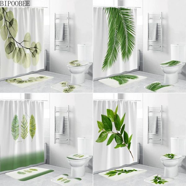 

shower curtains green leaves printing curtain tropical plants natural bathroom anti-slip bath mat set toilet rugs carpet