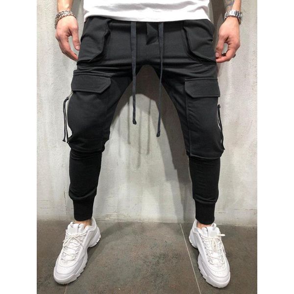 

men's pants fall and winter fashion large pocket fitness zipper design slim sports clothes long pant man, Black