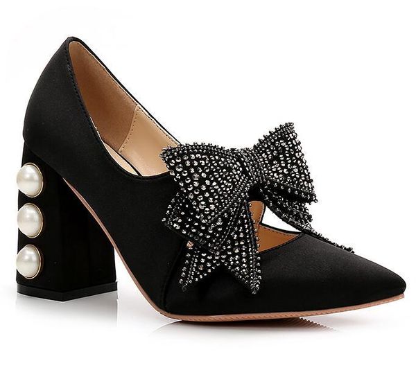 

rhinestone bow pointed toe chunky high heels pearls rivets leather shoes woman crystal real pos dress, Black