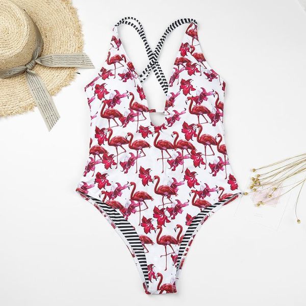 

one-piece suits bikini women swimwear flamingo print cross bandage 1piece