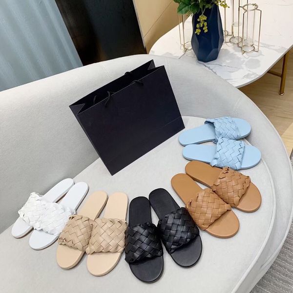 

new designer flat sandals fashion luxury weave flat sandals woven leather sandals women slipper designer flat slides women designer slides, Black