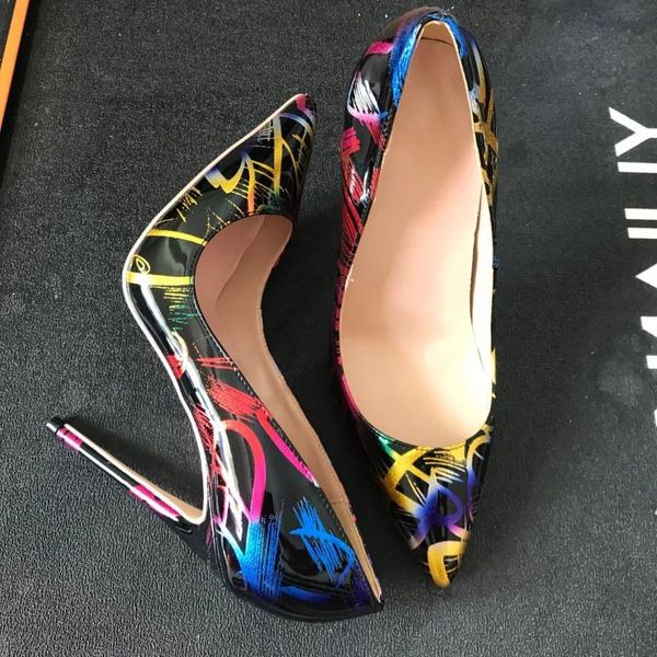 

dress shoes black graffiti high-heeled fine-heeled fairy single 10cm goddess tip shallow mouth work shoe tide