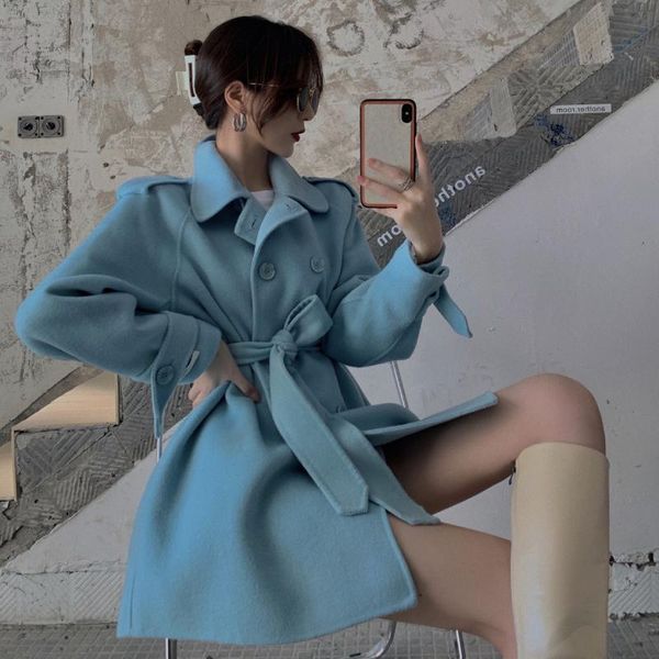 

women's wool & blends [ewq] 2021 winter female fashion casual turn down collar long-sleeved minimalist solid color lace up woolen overc, Black