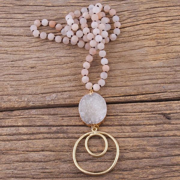 

pendant necklaces rh fashion bohemian jewelry semi precious stones knotted natural druzy stone links round metal necklaceswomen boho gift, Silver