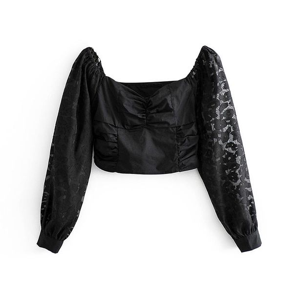 

women summer short style black blouse vintage long sleeve patchwork lace tunic female crop pleated gothic shirt blusas women's blouses, White