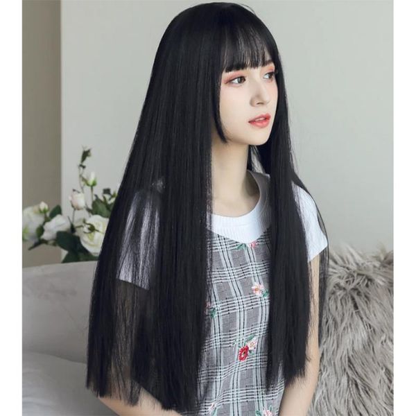 

synthetic wigs long straight hair hime haircut of frontal wig heat resistant female cosplay with bangs, Black