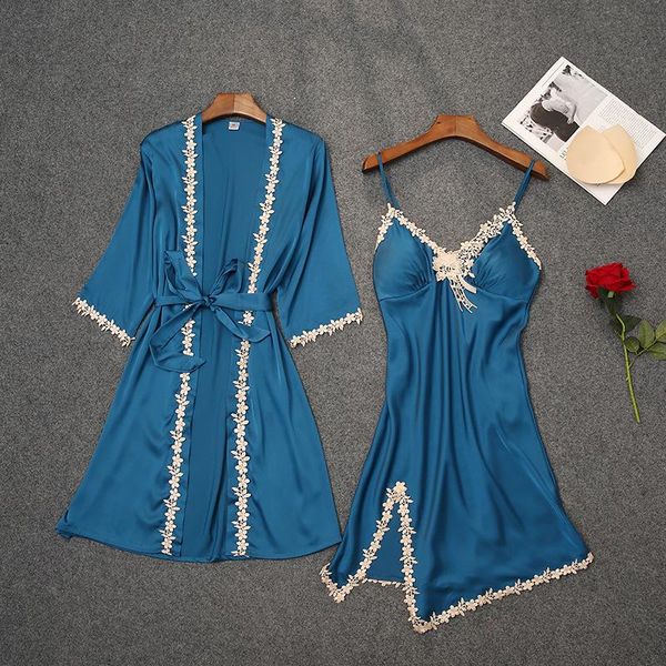 

women's sleepwear wedding robe spring lace sleep suit intimate lingerie bride bridesmaid women 2 piece set faux silk, Black;red