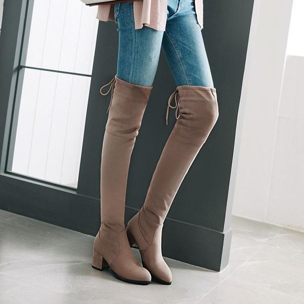 

boots autumn and winter 2021 lace up knee elastic women's suede, Black