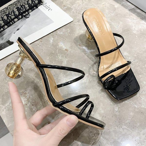 

2021shaped high-heeled sandals summer white square toe ladies shoes transparent crystal heel slippers women luxury, Black