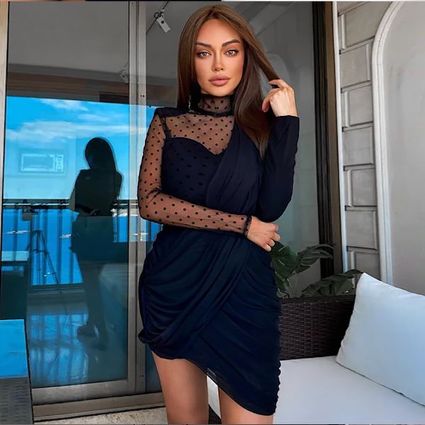 

dress black tight round neck ruffled long sleeve fashion celebrity evening dress, Black;gray