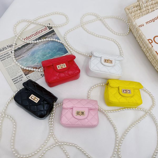 

luxury kids pearl chain handbags girls pure color princess messenger bags designer children one shoulder bag, Black