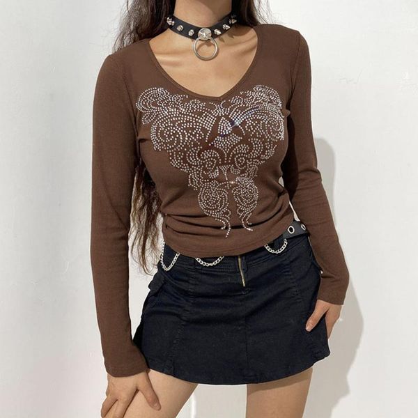 

women's t-shirt women autumn slim-fit ladies vintage rhinestone pattern long sleeve v-neck pullover streetwear, White