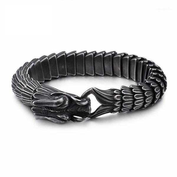 

20-23cm punk animal dragon head charm bracelet men stainless steel black matte china dragon blessing bracelet bangle jewelry1, Golden;silver