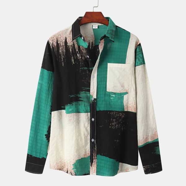 

men's casual shirts parklees mens hawaiian beach print shirt long sleeve patchwork button up harajuku for men blouse chemise homme, White;black